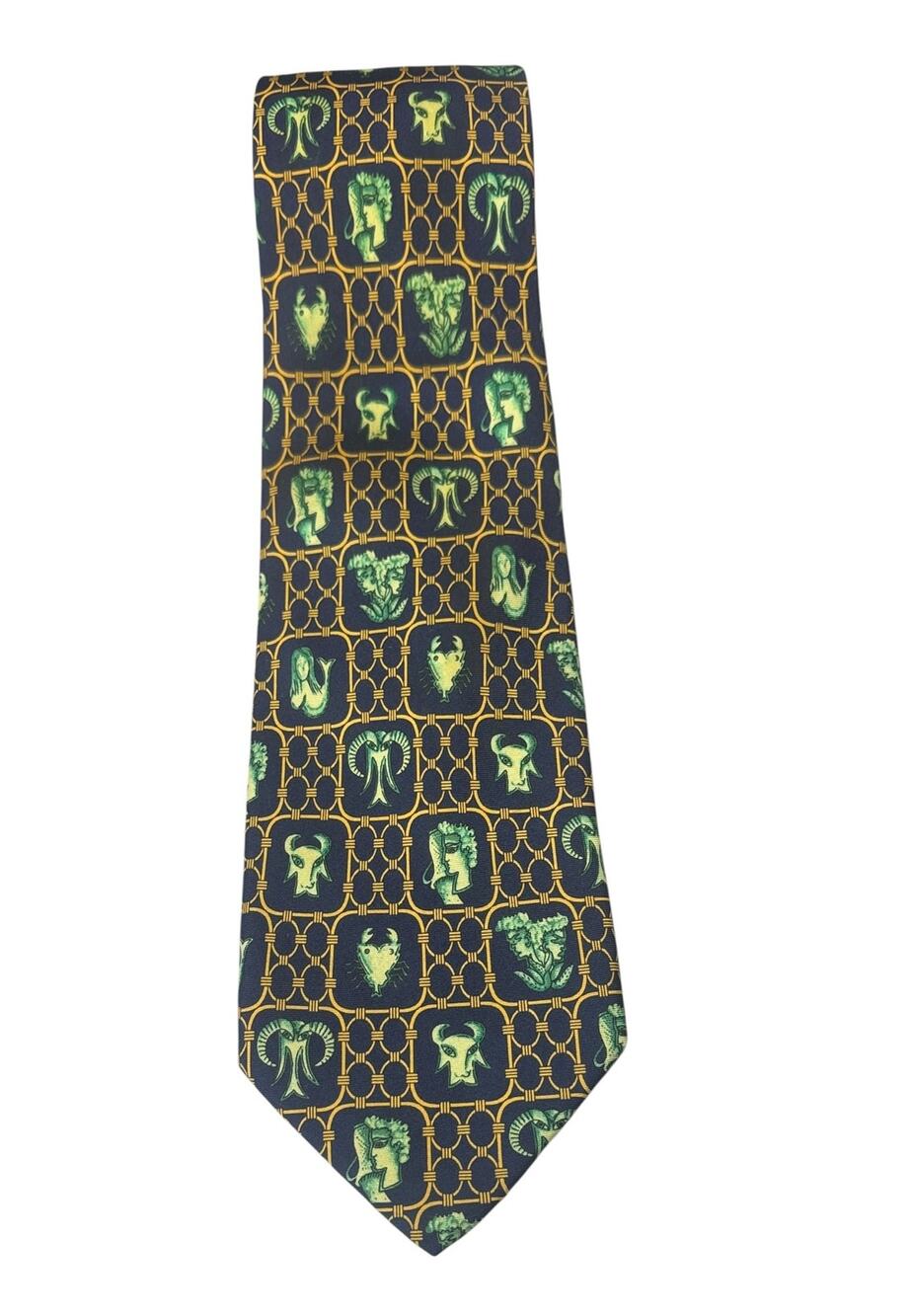 Christian Dior 100% Silk Necktie Italy Zodiac Blue Green